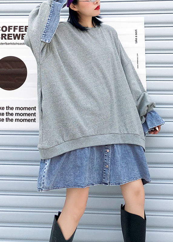 Trendy Grau Patchwork Denim Button Herbst Sweatshirts Top