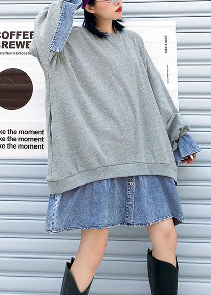 Trendy Grau Patchwork Denim Button Herbst Sweatshirts Top