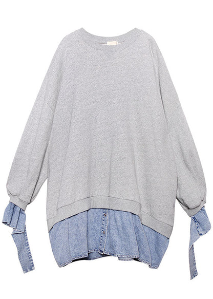 Trendy Grau Patchwork Denim Button Herbst Sweatshirts Top