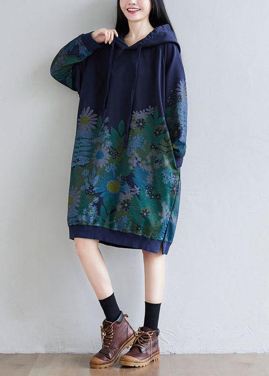Trendy Navy Hooded Pockets Print Side Open Fall Sweatshirts Dress - SooLinen