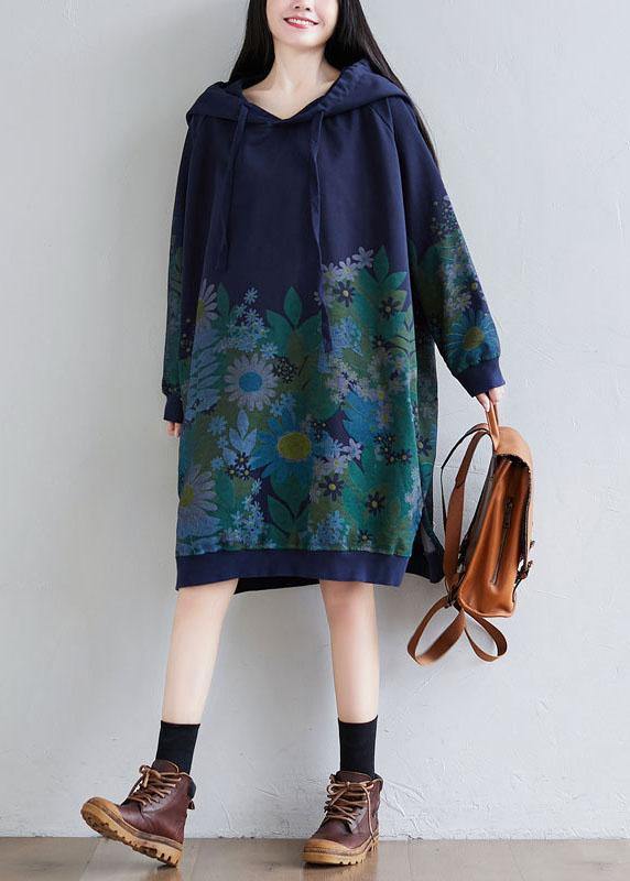 Trendy Navy Hooded Pockets Print Side Open Fall Sweatshirts Dress - SooLinen