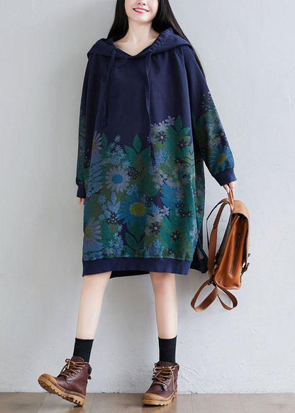 Trendy Navy Hooded Pockets Print Side Open Fall Sweatshirts Dress - SooLinen