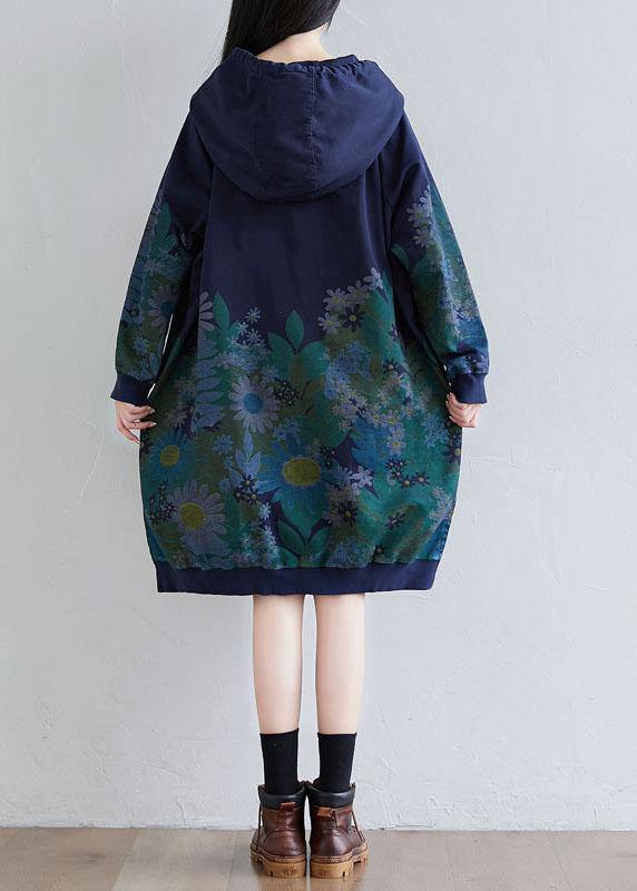 Trendy Navy Hooded Pockets Print Side Open Fall Sweatshirts Dress - SooLinen