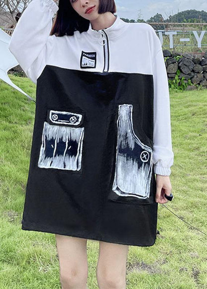 Trendy Pockets Print Patchwork Zippered Fall Sweatshirts Top - SooLinen