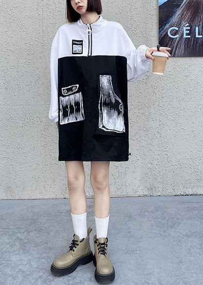 Trendy Pockets Print Patchwork Zippered Fall Sweatshirts Top - SooLinen