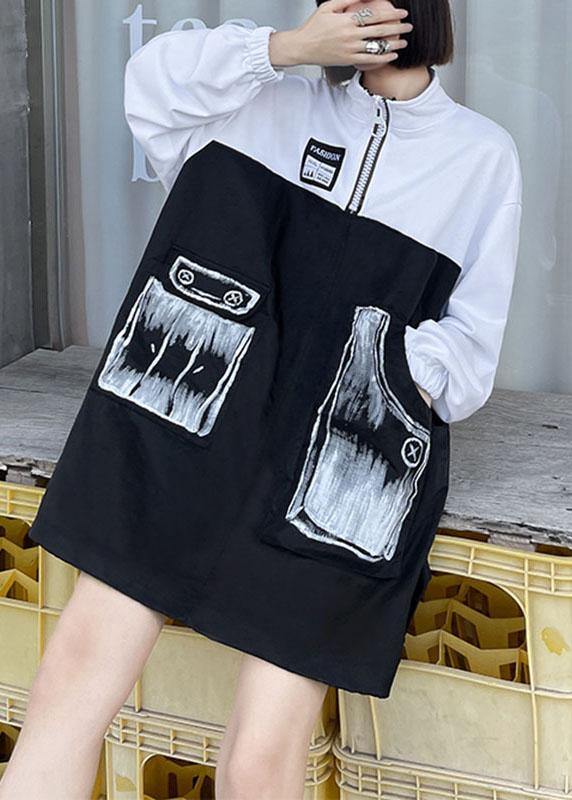 Trendy Pockets Print Patchwork Zippered Fall Sweatshirts Top - SooLinen