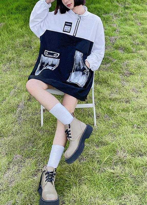 Trendy Pockets Print Patchwork Zippered Fall Sweatshirts Top - SooLinen