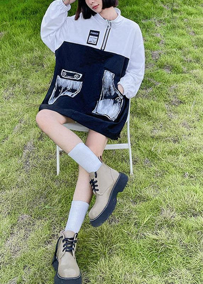 Trendy Pockets Print Patchwork Zippered Fall Sweatshirts Top - SooLinen