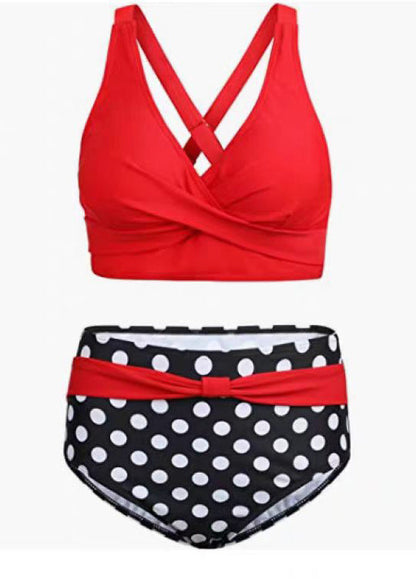 Trendy Red V Neck Cross Strap Swimwear Lingerie Sets
