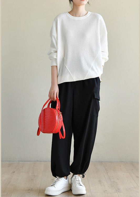 Trendy White Cotton Long sleeve Sweatshirts Top - SooLinen