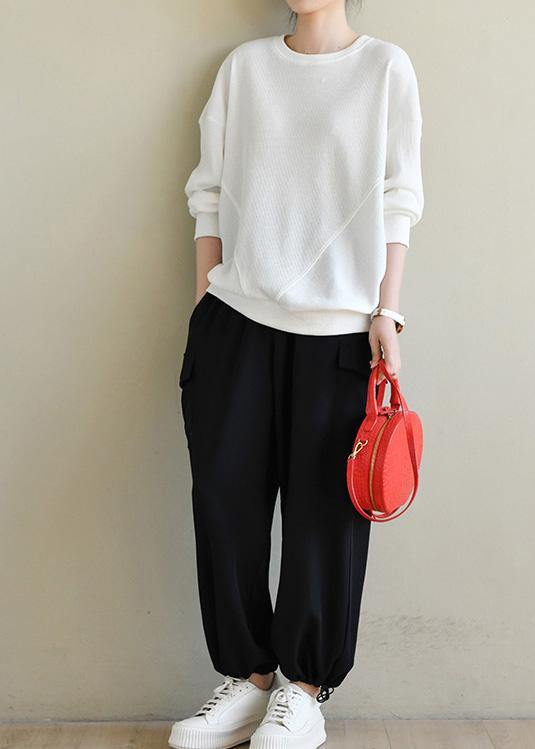 Trendy White Cotton Long sleeve Sweatshirts Top - SooLinen