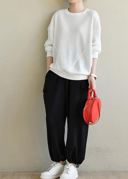 Trendy White Cotton Long sleeve Sweatshirts Top - SooLinen