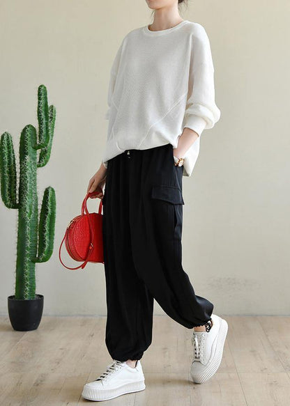 Trendy White Cotton Long sleeve Sweatshirts Top - SooLinen