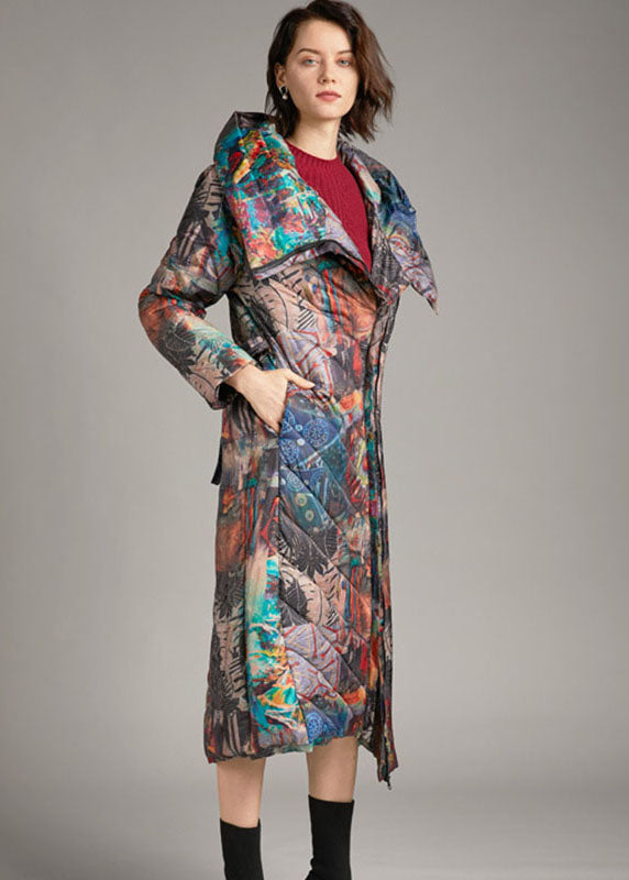 Trendy Slim Fit Langer Winter-Daunenmantel mit Bindegürtel