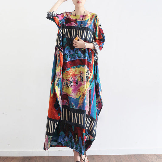 Tropisches Element florale Baggy Leinenkleider Oversize Kaftan Kleid Casual Style