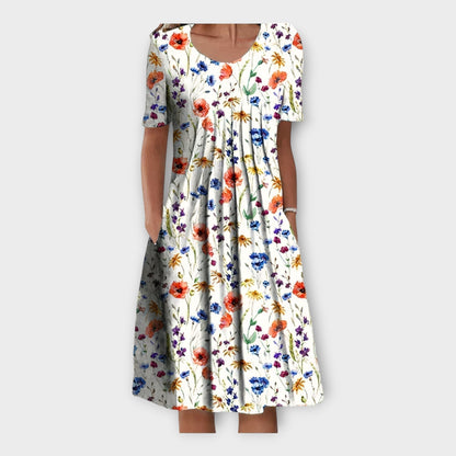 Dress with Floral Pattern and Short Sleeves