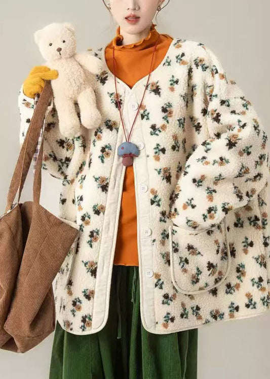 Einzigartiger aprikosenfarbener Oversize-Teddymantel mit Print für den Winter