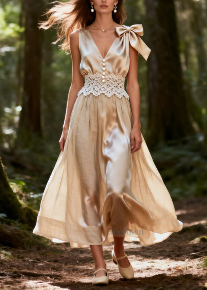 Unique Apricot V Neck Patchwork Bow Silk Vacation Dress Summer
