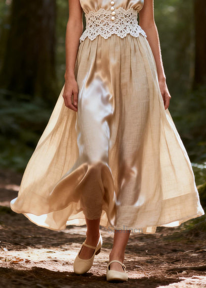 Unique Apricot V Neck Patchwork Bow Silk Vacation Dress Summer