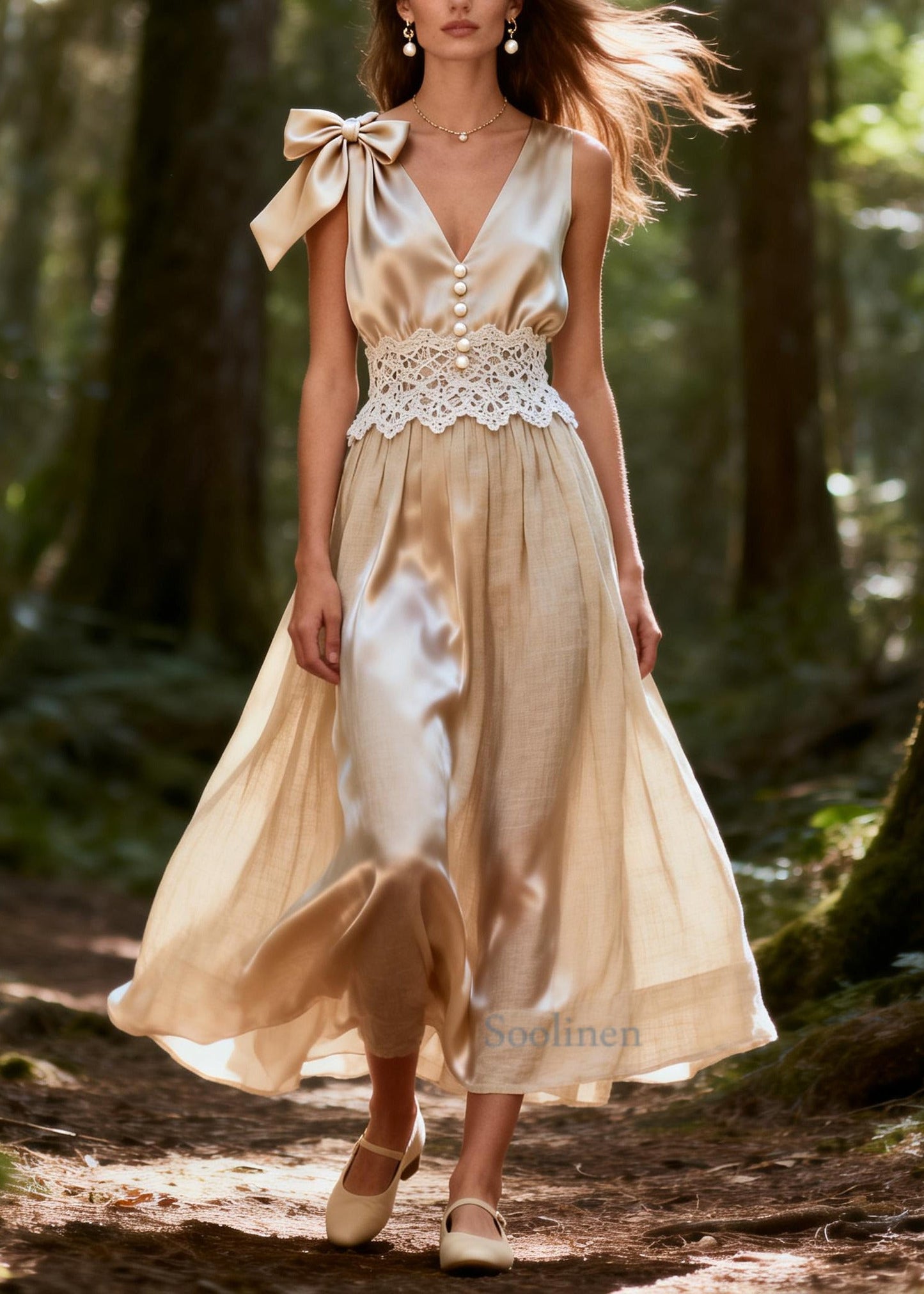 Unique Apricot V Neck Patchwork Bow Silk Vacation Dress Summer