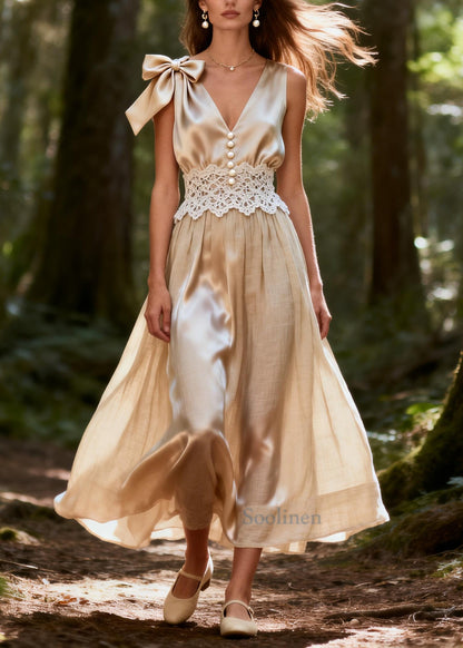Unique Apricot V Neck Patchwork Bow Silk Vacation Dress Summer