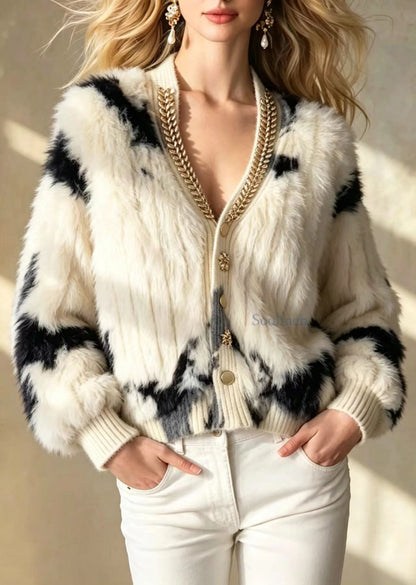 Unique Apricot V Neck Rhinestone Mink Hair Knitted Cardigan Fall