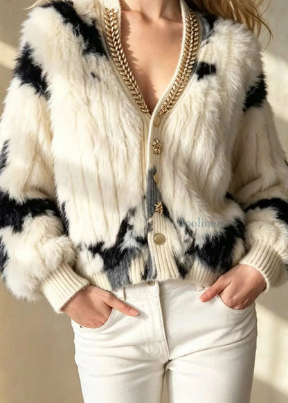 Unique Apricot V Neck Rhinestone Mink Hair Knitted Cardigan Fall