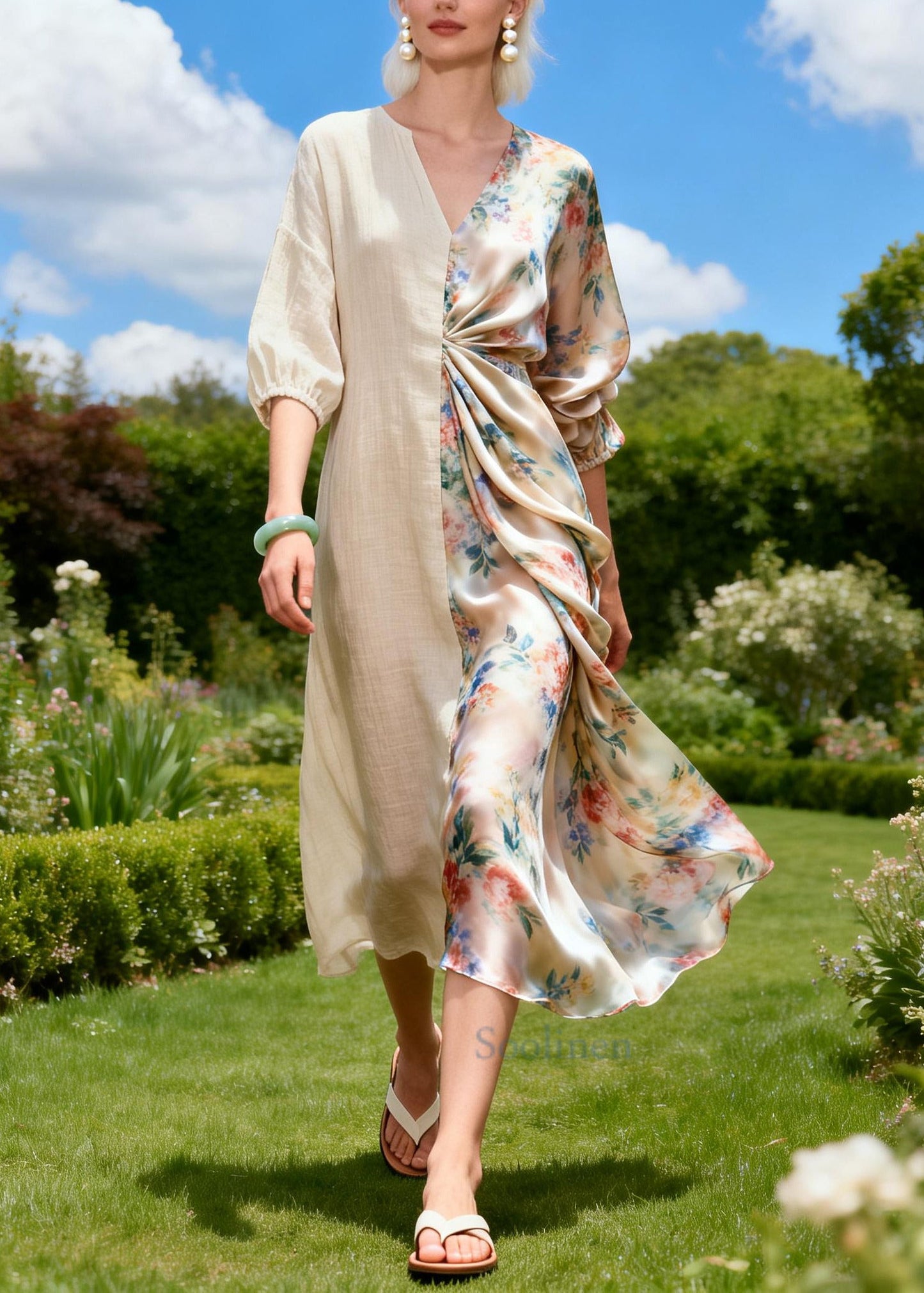Unique Beige Asymmetrical Patchwork Wrinkled Linen Dress Summer