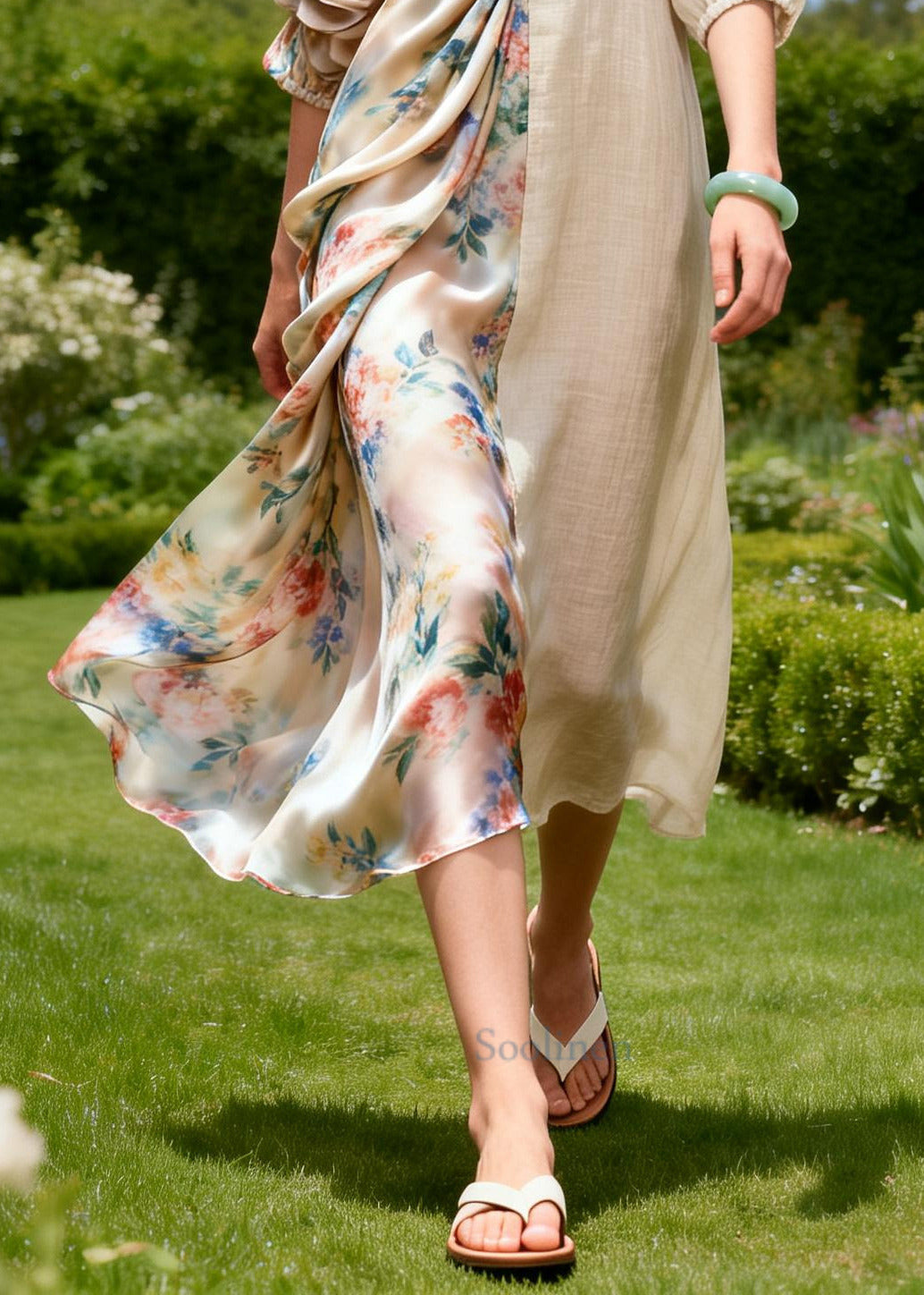 Unique Beige Asymmetrical Patchwork Wrinkled Linen Dress Summer