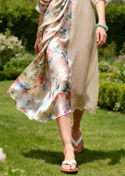 Unique Beige Asymmetrical Patchwork Wrinkled Linen Dress Summer