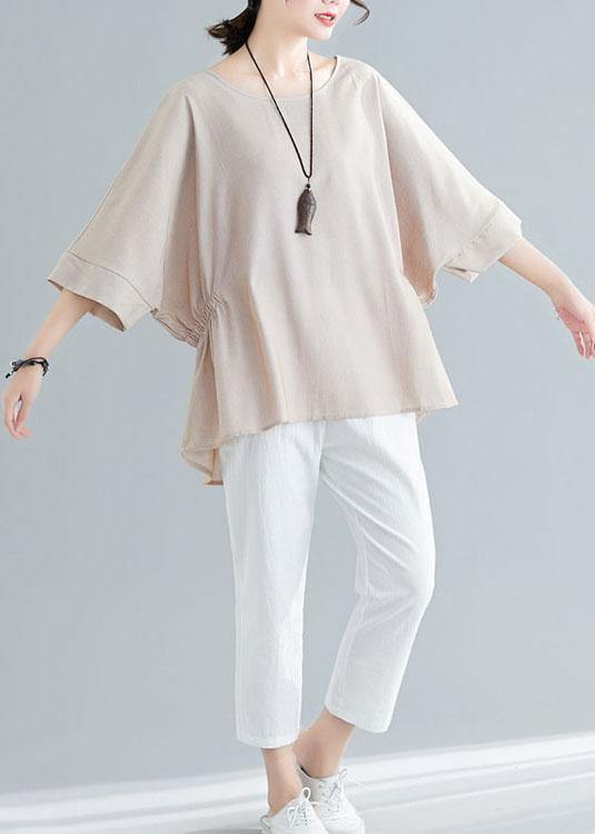 Unique Beige Batwing Sleeve Cotton Summer Shirt Tops - SooLinen