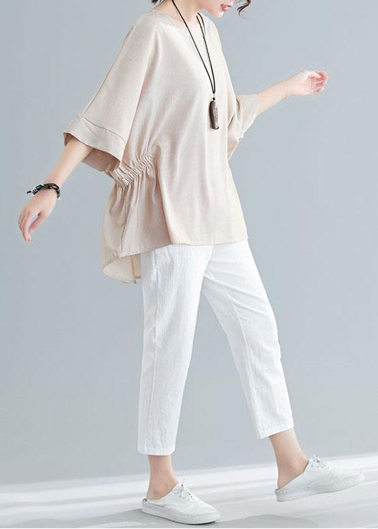 Unique Beige Batwing Sleeve Cotton Summer Shirt Tops - SooLinen