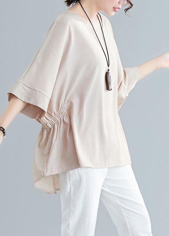 Unique Beige Batwing Sleeve Cotton Summer Shirt Tops - SooLinen