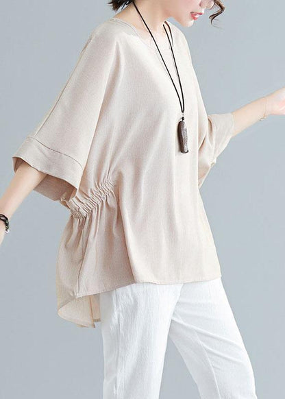 Unique Beige Batwing Sleeve Cotton Summer Shirt Tops - SooLinen