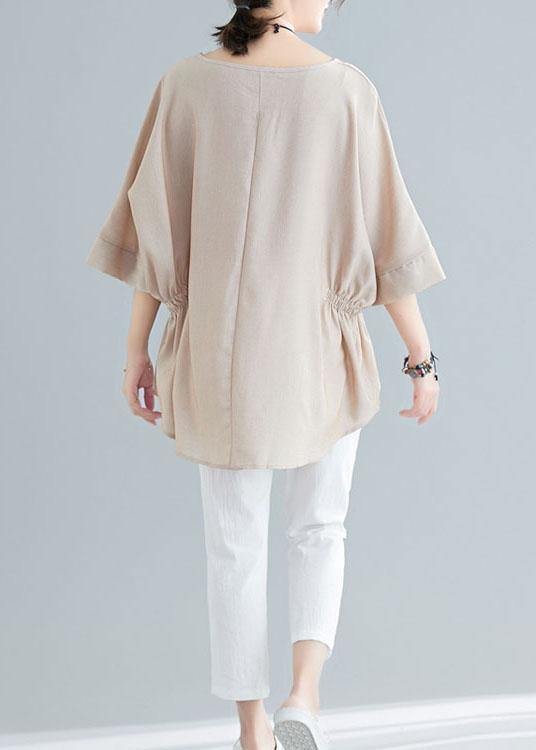 Unique Beige Batwing Sleeve Cotton Summer Shirt Tops - SooLinen