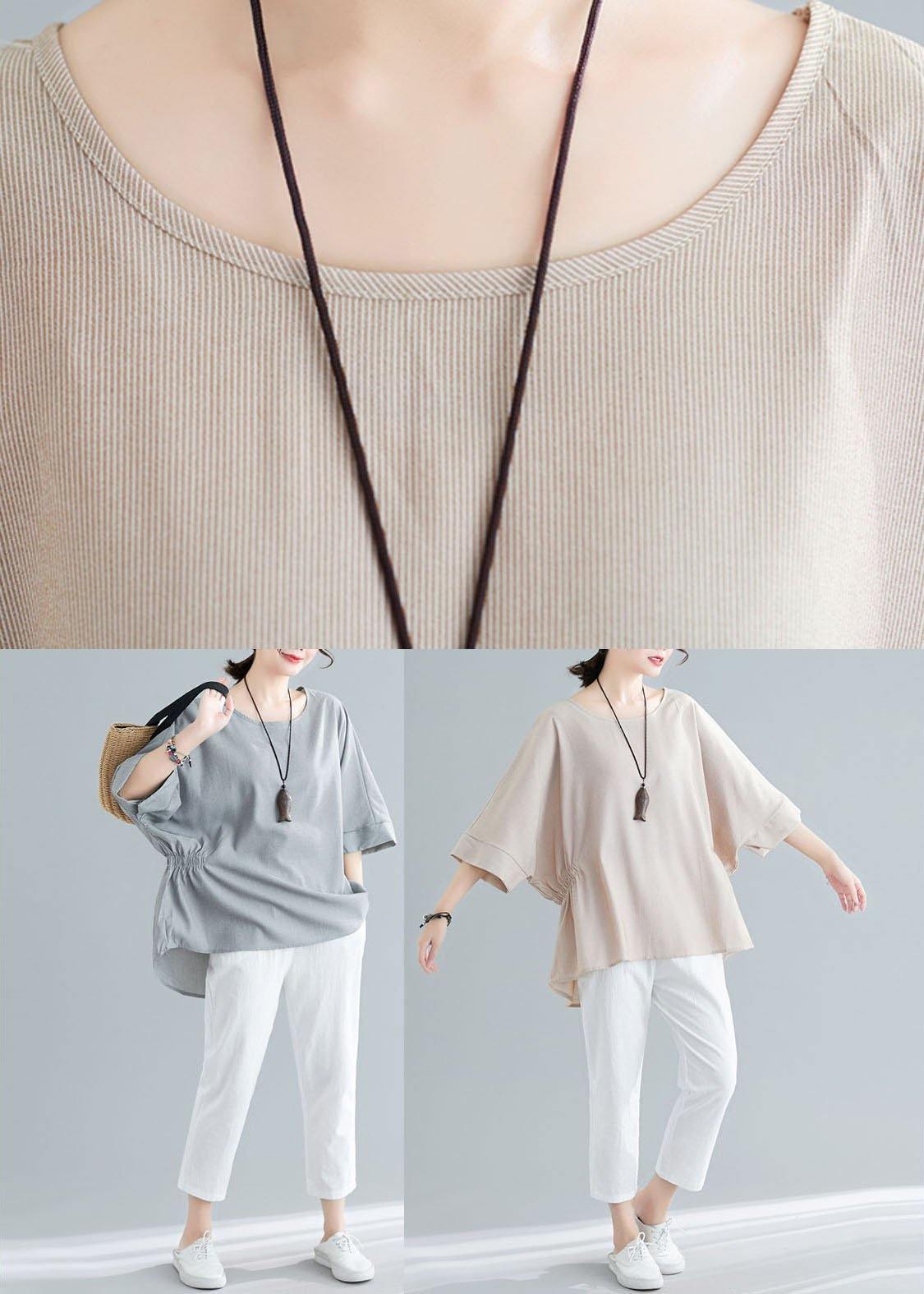 Unique Beige Batwing Sleeve Cotton Summer Shirt Tops - SooLinen