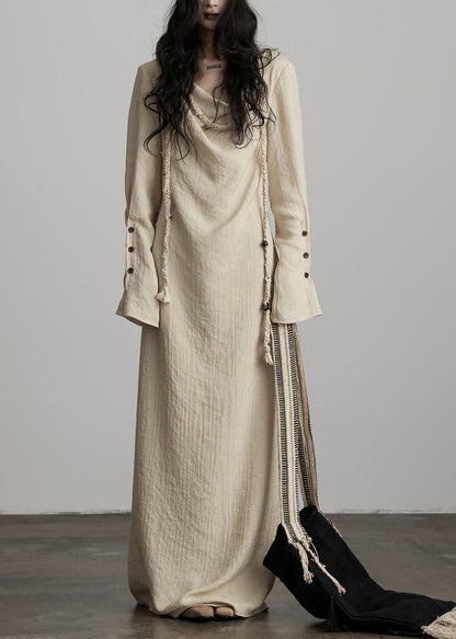Einzigartiges beigefarbenes Maxikleid aus Baumwolle mit Knopfleiste und Schnürung für den Frühling