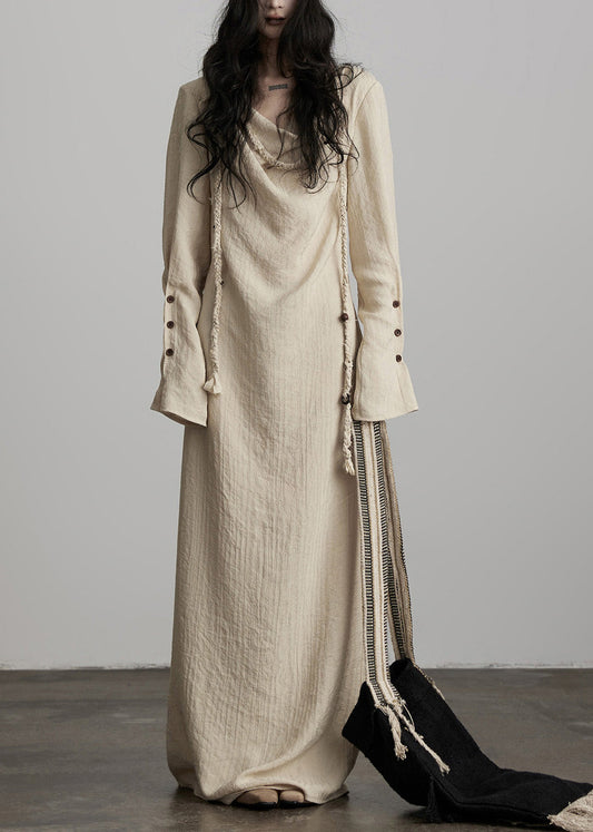 Einzigartiges beigefarbenes Maxikleid aus Baumwolle mit Knopfleiste und Schnürung für den Frühling