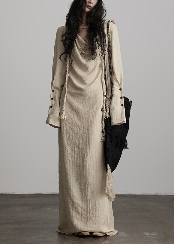 Einzigartiges beigefarbenes Maxikleid aus Baumwolle mit Knopfleiste und Schnürung für den Frühling