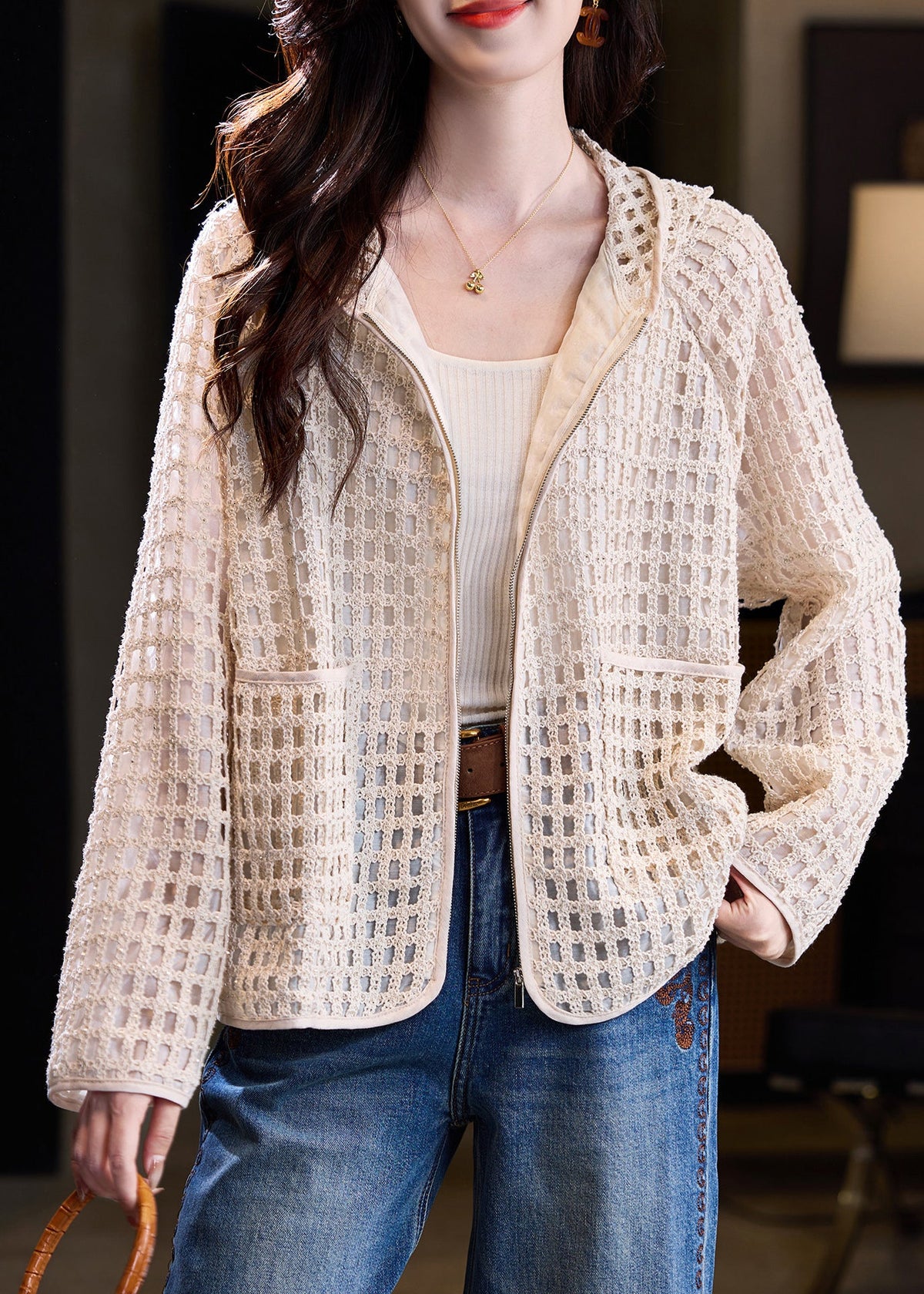 Unique Beige Hooded Hollow Out Knit Coat Fall