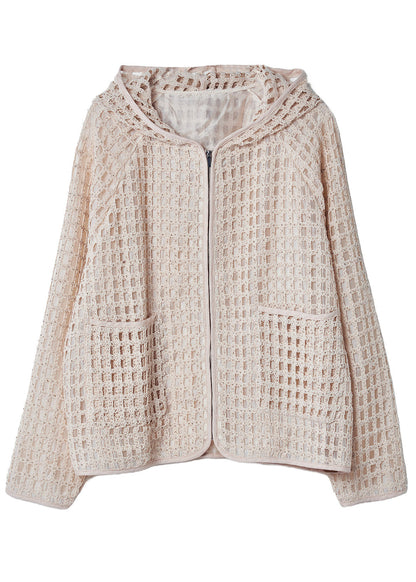 Unique Beige Hooded Hollow Out Knit Coat Fall