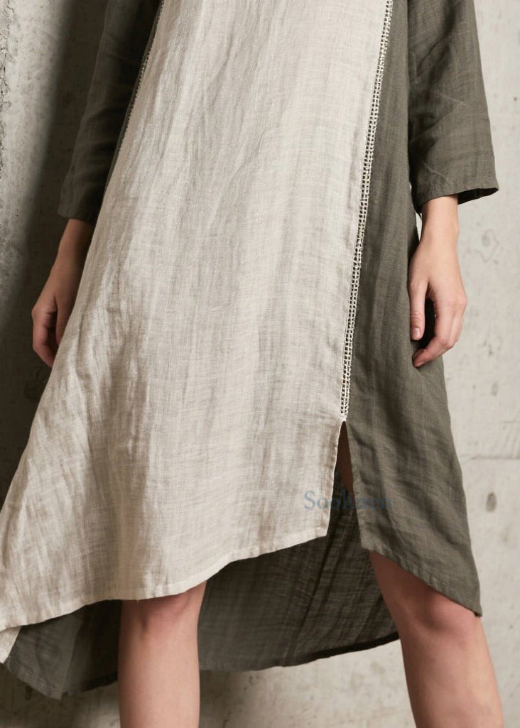 Einzigartiges beigefarbenes Oversize-Maxikleid aus Baumwolle mit Patchwork-Design und seitlichem Schlitz für den Frühling
