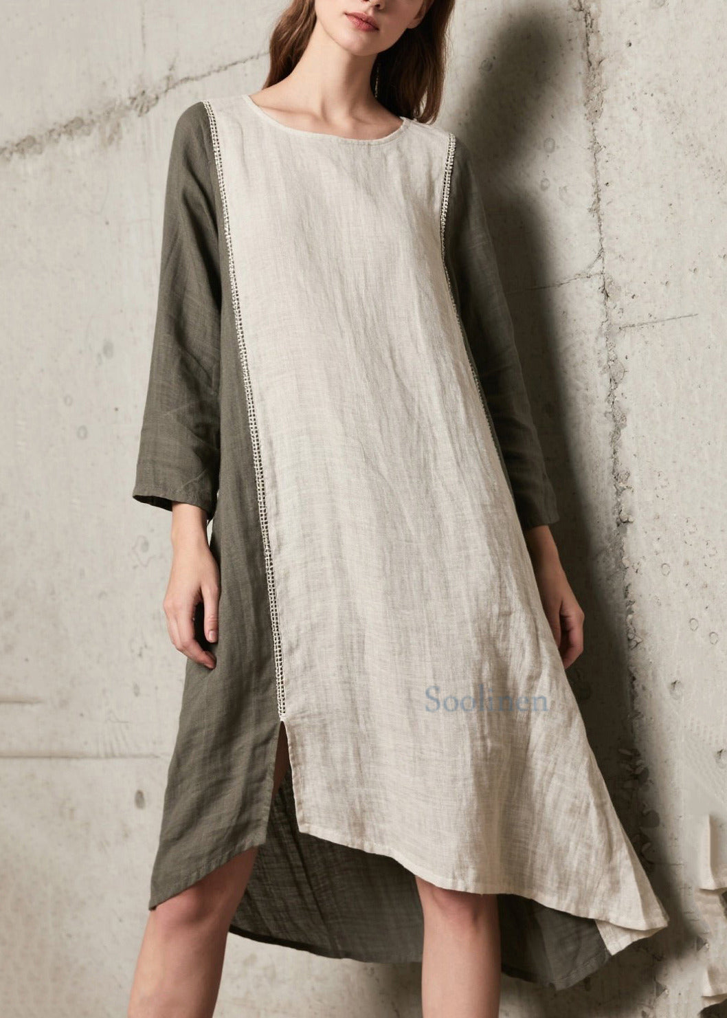 Einzigartiges beigefarbenes Oversize-Maxikleid aus Baumwolle mit Patchwork-Design und seitlichem Schlitz für den Frühling