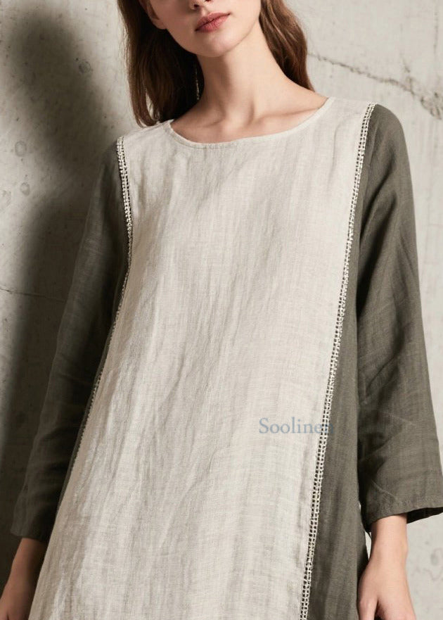 Einzigartiges beigefarbenes Oversize-Maxikleid aus Baumwolle mit Patchwork-Design und seitlichem Schlitz für den Frühling