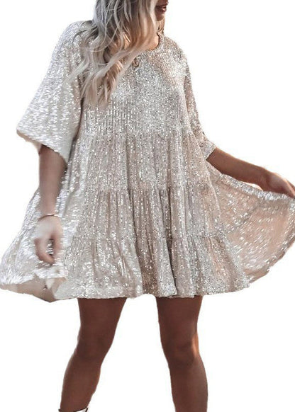 Unique Beige Oversized Sequins Mid Dress Summer