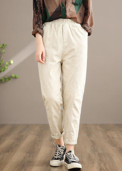 Unique Beige Pant Plus Size Clothing Spring Elastic Waist Fashion Ideas Pants - SooLinen