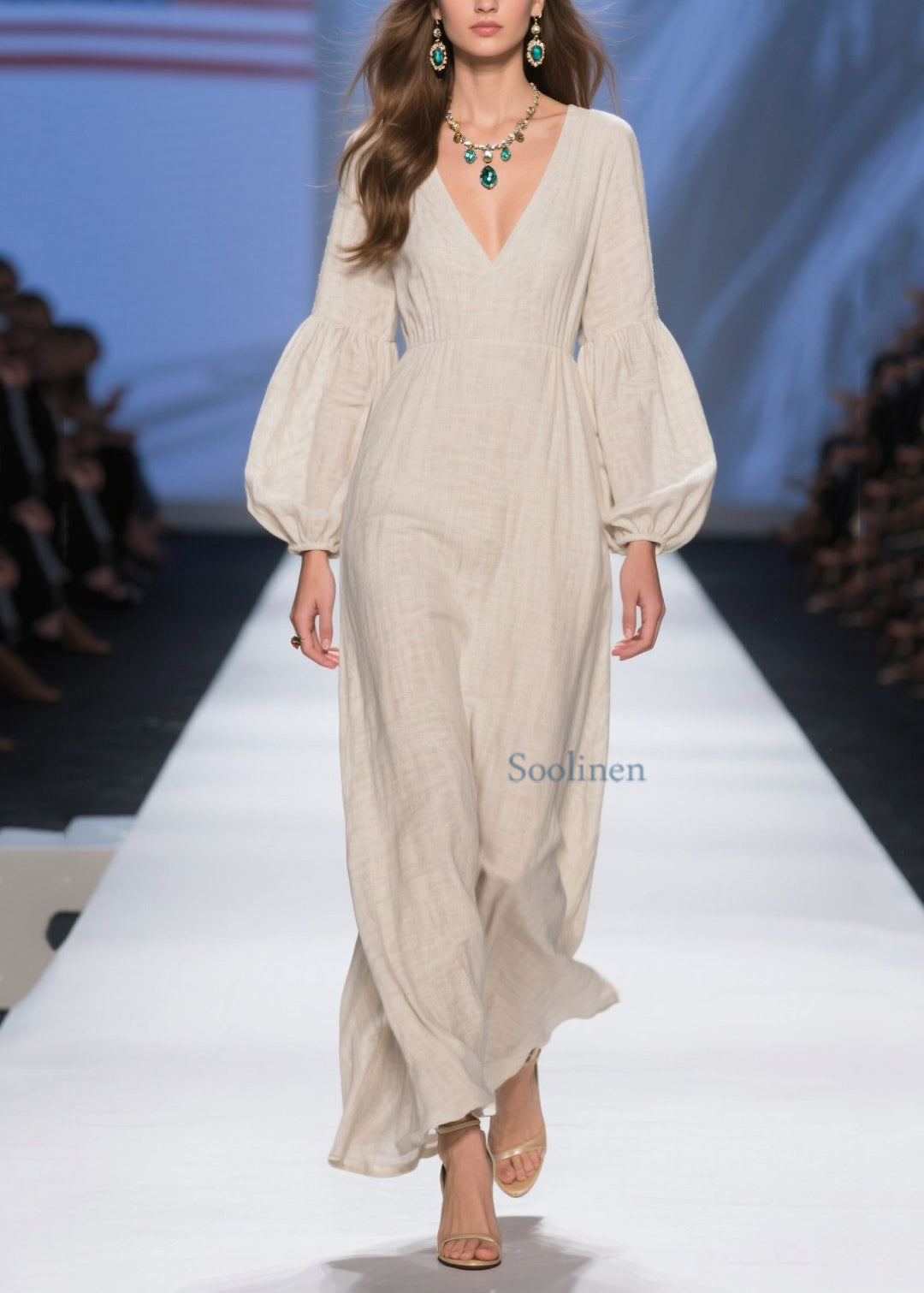 Einzigartige beige lange Patchwork-Baumwollkleider mit V-Ausschnitt für den Frühling