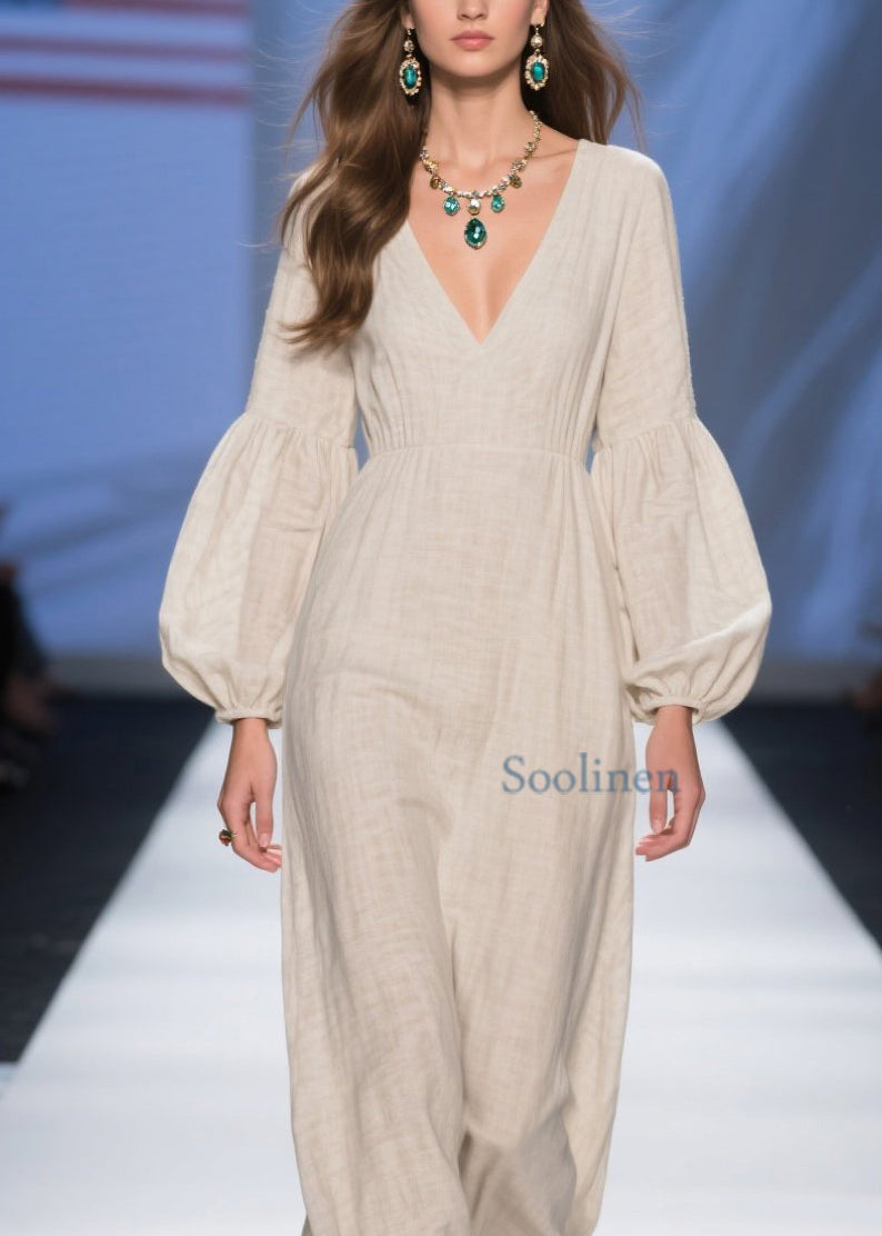 Einzigartige beige lange Patchwork-Baumwollkleider mit V-Ausschnitt für den Frühling