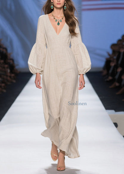 Einzigartige beige lange Patchwork-Baumwollkleider mit V-Ausschnitt für den Frühling