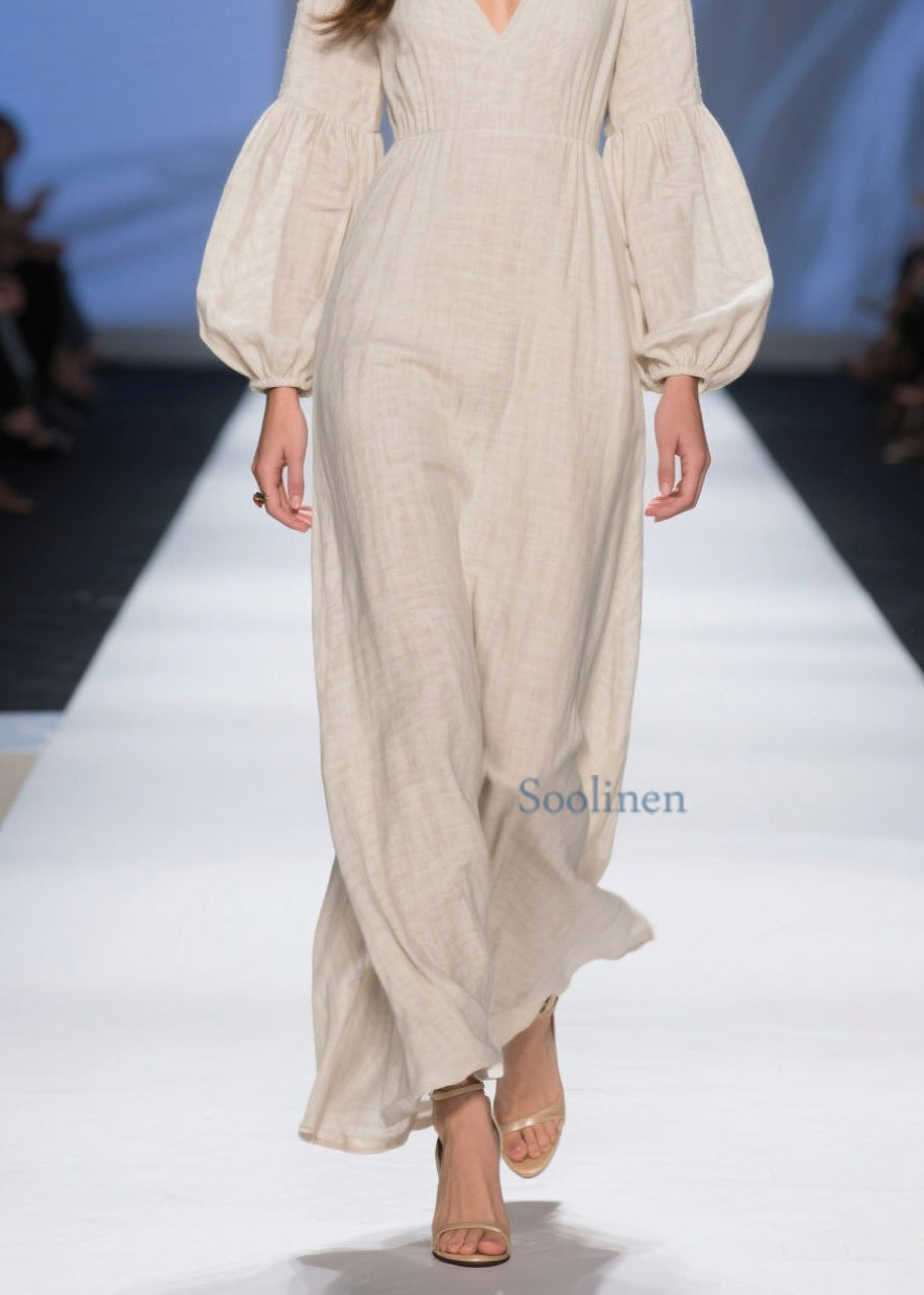 Einzigartige beige lange Patchwork-Baumwollkleider mit V-Ausschnitt für den Frühling